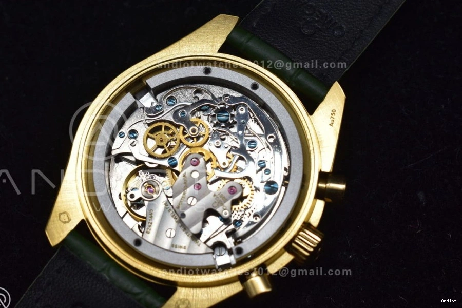 Manual Dial Moonwatch YG Green Speedmaster Strap Moonshine Green in Chrono Leather RMF Gold on Best Edition 0101